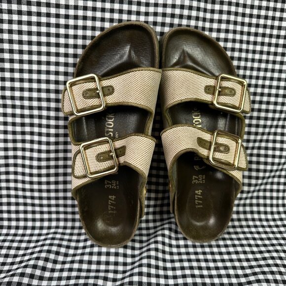 Birkenstock 1774 Arizona French Piping Olive Canvas Neutral Women's EU 37 / US 6 - Picture 1 of 4